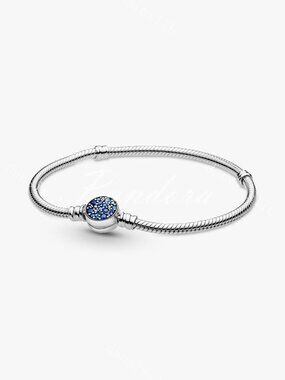Pandora Moments Sparkling Blue Disc Clasp Snake Chain Bracelet